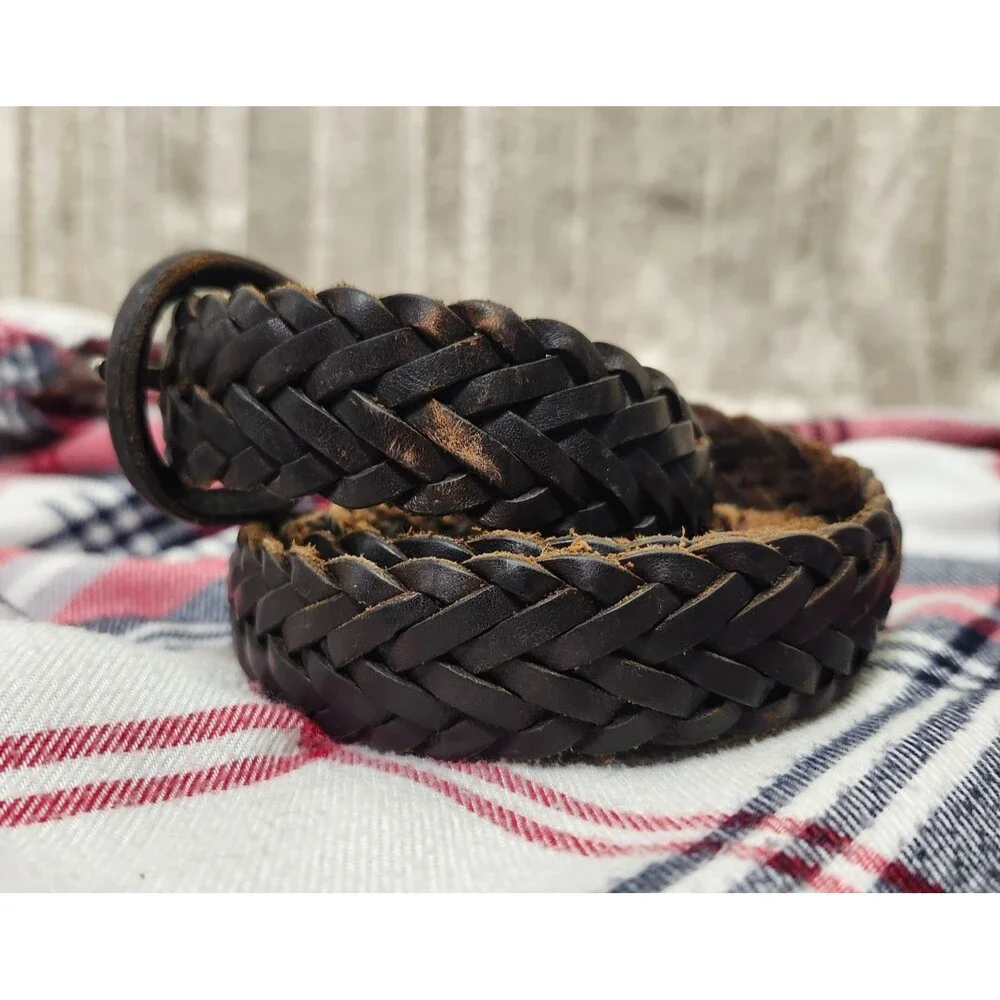 Dockers Mens 36 Dark Brown Braided Genuine Leather Belt Leather Covered Buckle